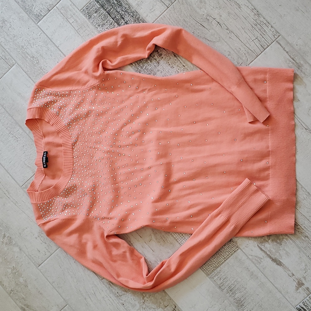 Express Women's Small Coral Salmon Pink Orange Rhinestone Long Sleeve Sweater